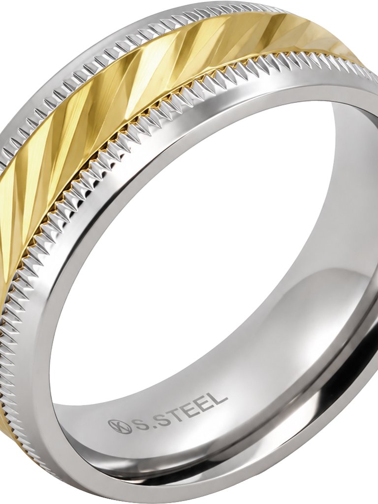 316l Stainless Steel 18k Gold Plated 75mm Twotone DiamondCut Faceted Band Ring